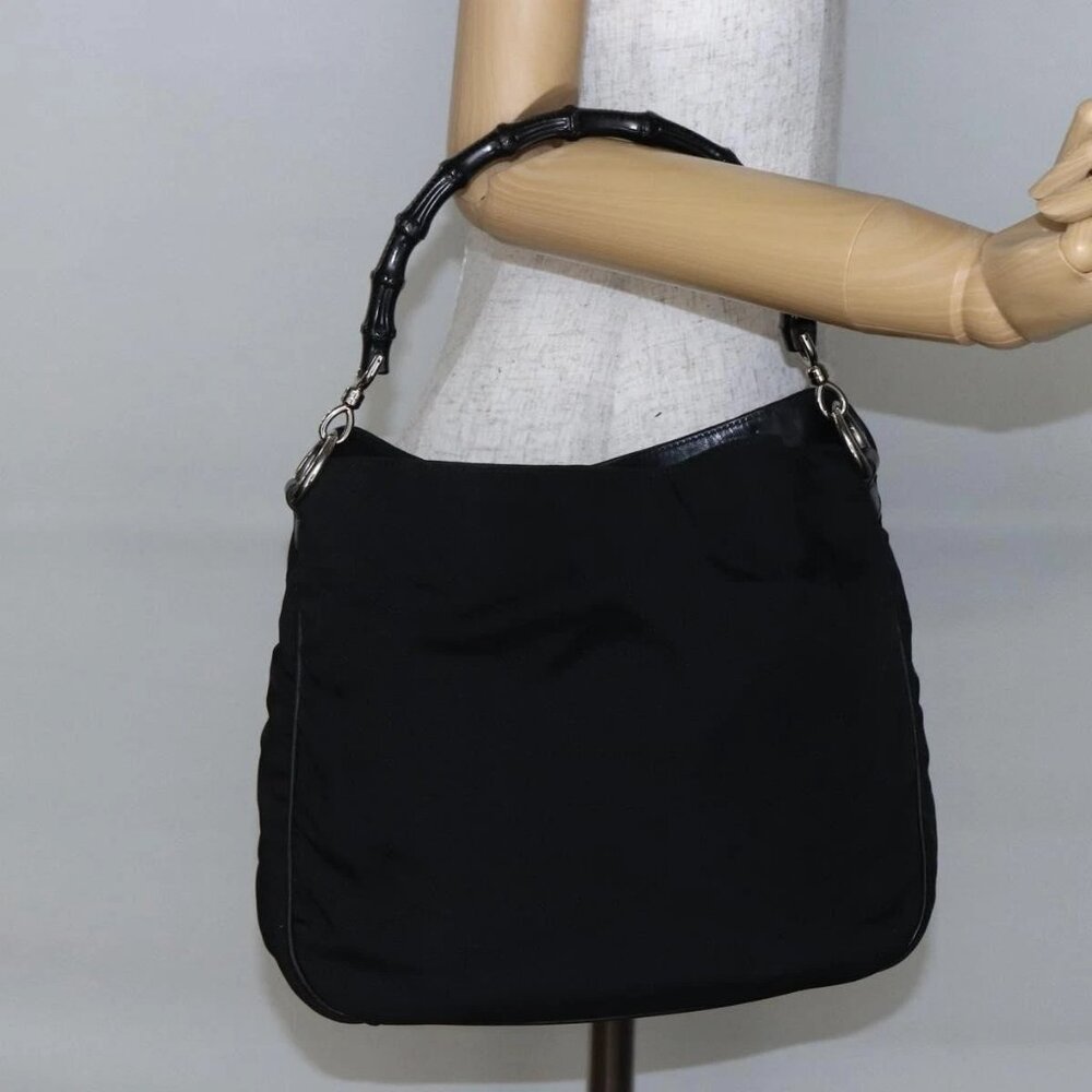 GUCCI Bamboo Hand Bag Nylon Black Silver